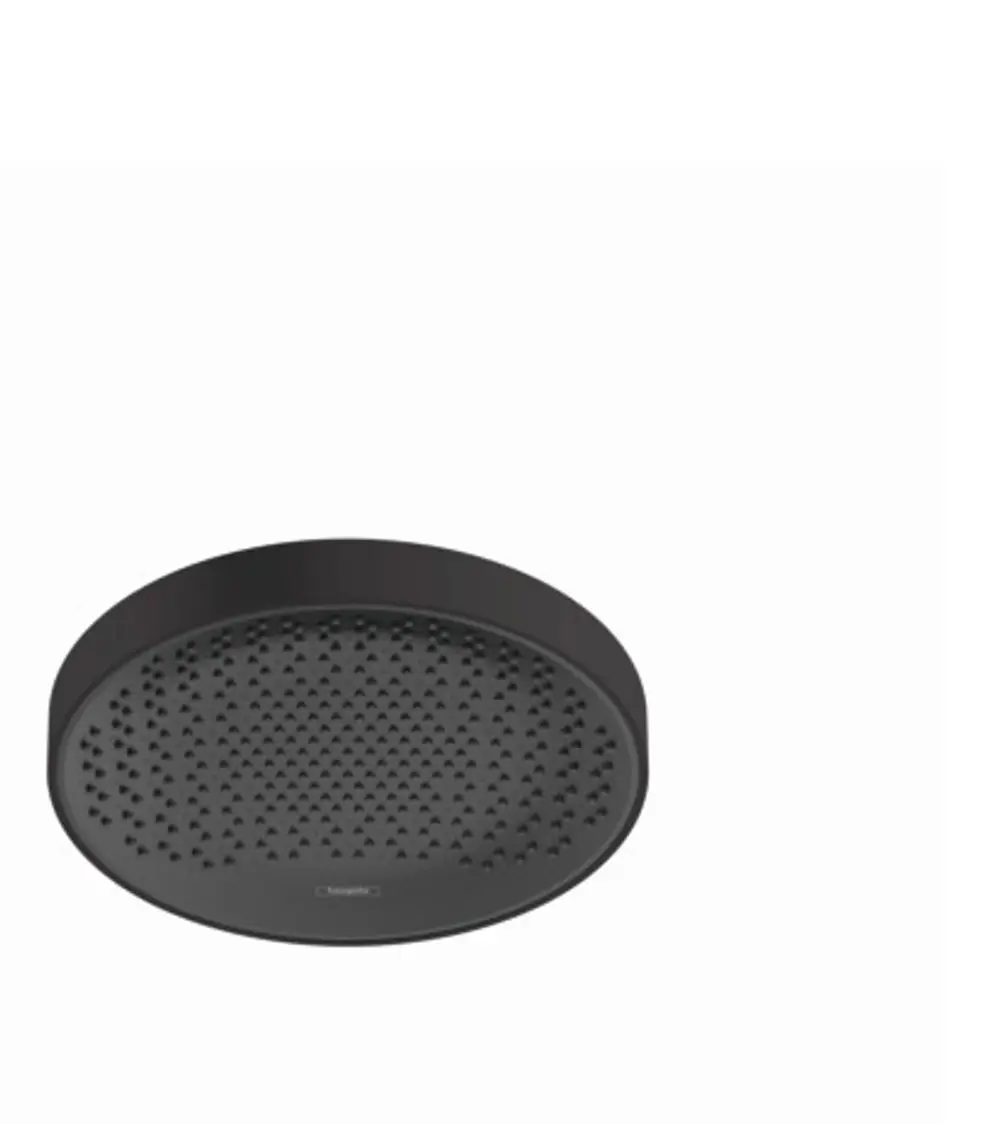 Schwarzer Duschkopf mit einem flachen, runden Design und vielen kleinen Löchern für Wasserstrahlen, hergestellt von Hansgrohe.
